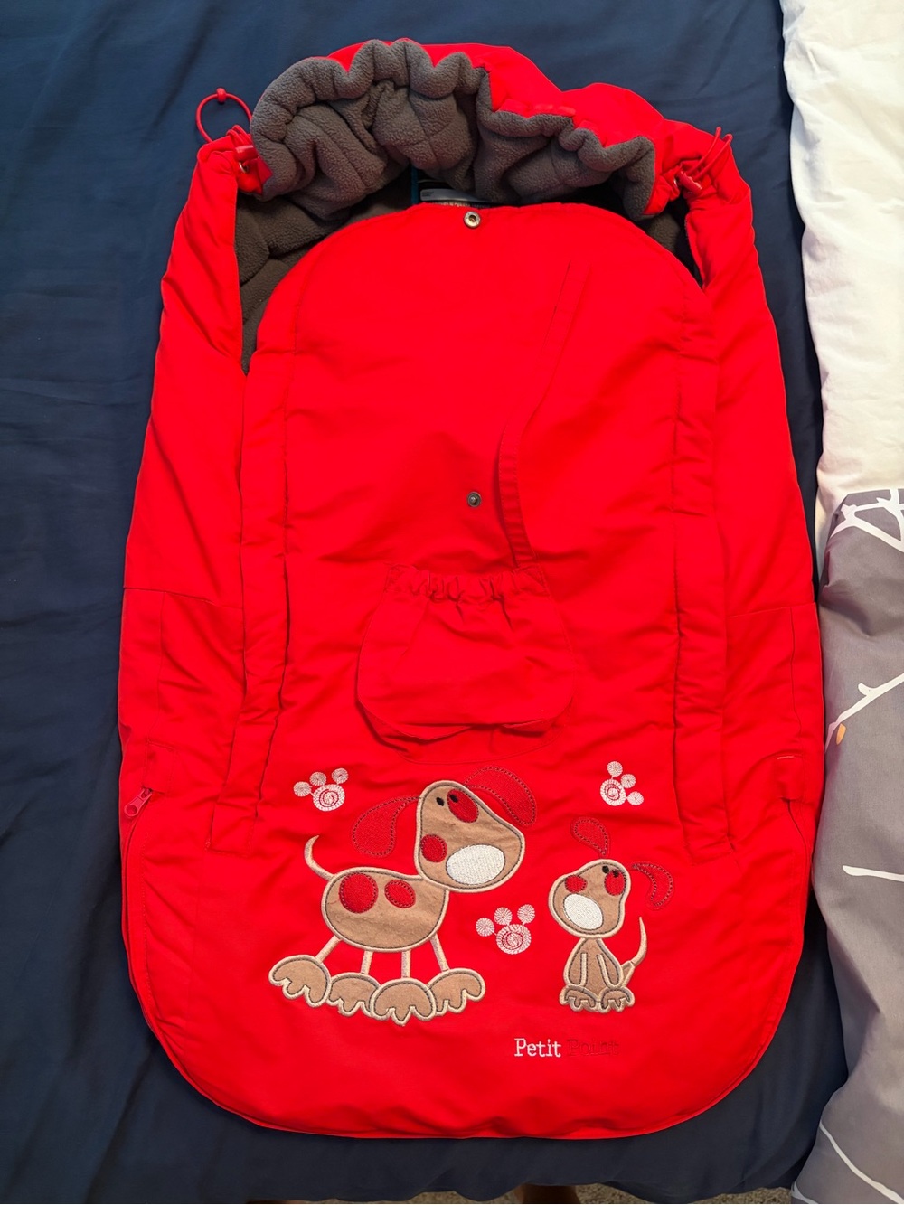 Red Kids' Padded Footmuff with Playful Dog Embroidery